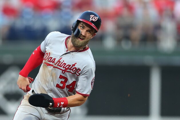 PHILADELPHIA, PA - AUGUST 27: Bryce Harper #34 of the Washington Nationals during a game against the Philadelphia Phillies at Citizens Bank Park on August 27, 2018 in Philadelphia, Pennsylvania. The Nationals won 5-3. (Photo by Hunter Martin/Getty Images)