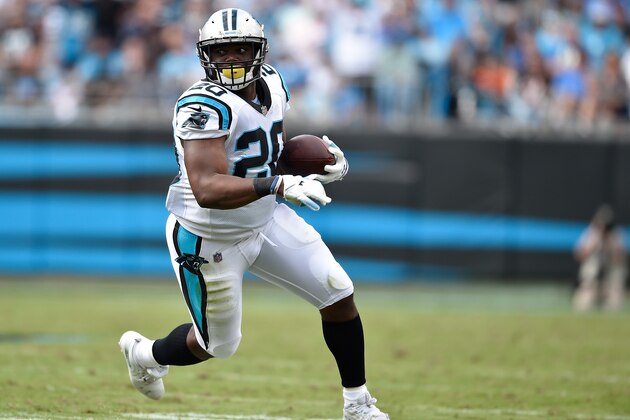 CHARLOTTE, NC - SEPTEMBER 23:  C.J. Anderson #20 of the Carolina Panthers against the Cincinnati Bengals during their game at Bank of America Stadium on September 23, 2018 in Charlotte, North Carolina. The Panthers won 31-21.  (Photo by Grant Halverson/Getty Images)