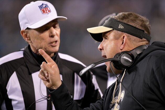 CHARLOTTE, NC - DECEMBER 17:  Head coach Sean Payton of the New Orleans Saints talks to a referee between plays against the Carolina Panthers in the second quarter during their game at Bank of America Stadium on December 17, 2018 in Charlotte, North Carolina.  (Photo by Grant Halverson/Getty Images)