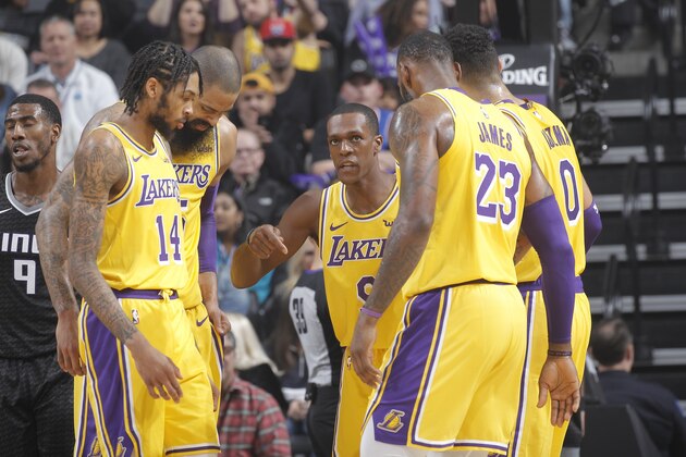 SACRAMENTO, CA - NOVEMBER 10: Rajón Rondo #9, Brandon Ingram #14, Tyson Chandler #5, LeBron James #23 and Kyle Kuzma #0 of the Los Angeles Lakers huddle during the game against the Sacramento Kings on November 10, 2018 at Golden 1 Center in Sacramento, California. NOTE TO USER: User expressly acknowledges and agrees that, by downloading and or using this photograph, User is consenting to the terms and conditions of the Getty Images Agreement. Mandatory Copyright Notice: Copyright 2018 NBAE (Photo by Rocky Widner/NBAE via Getty Images)