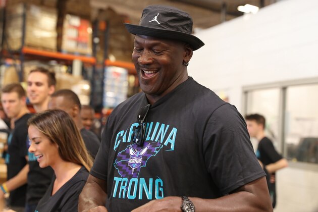 CHARLOTTE, NC - SEPTEMBER 21:  Michael Jordan, Owner of the Charlotte Hornets, attends a food drive to help relief of Hurricane Florence on September 21, 2018 in Charlotte, North Carolina at Second Harvest Food Bank of Metrolina. NOTE TO USER: User expressly acknowledges and agrees that, by downloading and or using this Photograph, user is consenting to the terms and conditions of the Getty Images License Agreement. Mandatory Copyright Notice: Copyright 2018 NBAE (Photo by Brock Williams-Smith/NBAE via Getty Images)