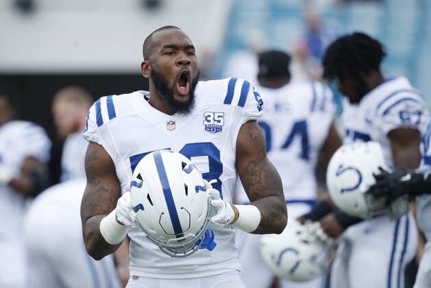 JACKSONVILLE, FLORIDA - DECEMBER 02:  Darius Leonard #53 of the Indianapolis Colts warms up on the field prior to the start of their game against the Jacksonville Jaguars at TIAA Bank Field on December 02, 2018 in Jacksonville, Florida. (Photo by Joe Robbins/Getty Images)
