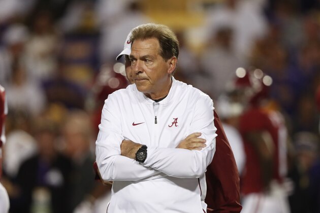 Alabama head coach Nick Saban walks on the field before an NCAA college football game against LSU in Baton Rouge, La., Saturday, Nov. 3, 2018. (AP Photo/Gerald Herbert)