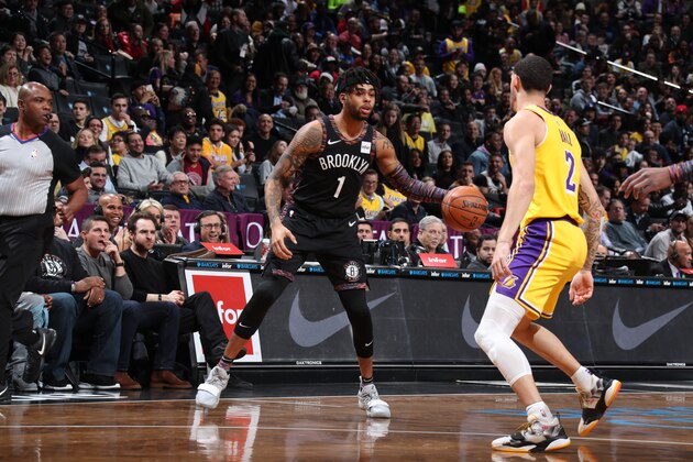 BROOKLYN, NY - DECEMBER 18: D'Angelo Russell #1 of the Brooklyn Nets handles the ball against the Los Angeles Lakers on December 18, 2018 at Barclays Center in Brooklyn, New York. NOTE TO USER: User expressly acknowledges and agrees that, by downloading and or using this Photograph, user is consenting to the terms and conditions of the Getty Images License Agreement. Mandatory Copyright Notice: Copyright 2018 NBAE (Photo by Nathaniel S. Butler/NBAE via Getty Images)