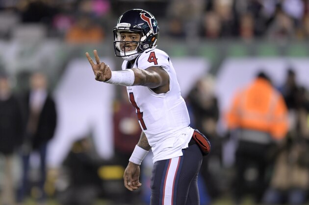 Houston Texans quarterback Deshaun Watson gestures during the second half of an NFL football game against the Houston Texans, Saturday, Dec. 15, 2018, in East Rutherford, N.J. The Texans won 29-22. (AP Photo/Bill Kostroun)