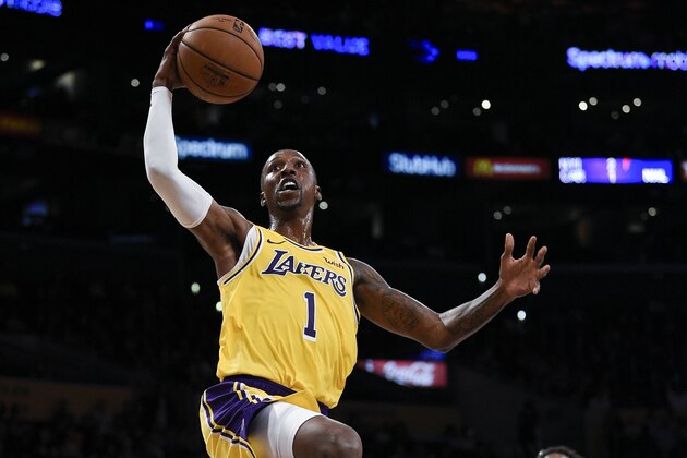 Los Angeles Lakers guard Kentavious Caldwell-Pope attempts a shot during the first half of an NBA preseason basketball game against the Sacramento Kings in Los Angeles, Thursday, Oct. 4, 2018. (AP Photo/Kelvin Kuo)