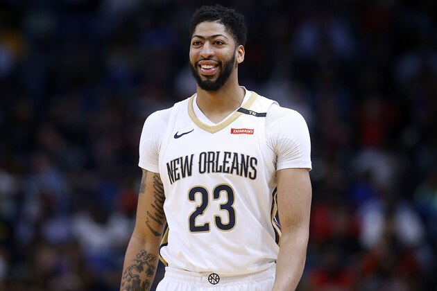 NEW ORLEANS, LA - MARCH 22: Anthony Davis #23 of the New Orleans Pelicans smiles during the first half against the Los Angeles Lakers at the Smoothie King Center on March 22, 2018 in New Orleans, Louisiana. NOTE TO USER: User expressly acknowledges and agrees that, by downloading and or using this photograph, User is consenting to the terms and conditions of the Getty Images License Agreement.  (Photo by Jonathan Bachman/Getty Images)