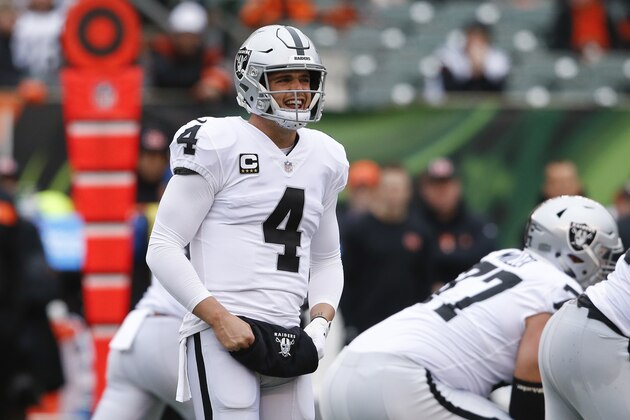 Oakland Raiders quarterback Derek Carr calls out to his players in the first half of an NFL football game against the Cincinnati Bengals, Sunday, Dec. 16, 2018, in Cincinnati. (AP Photo/Gary Landers)
