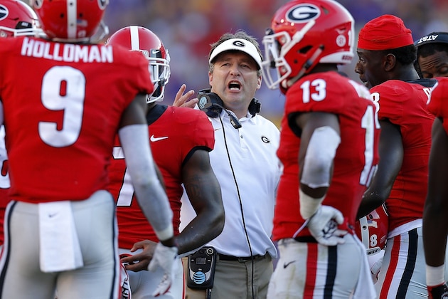 BATON ROUGE, LA - OCTOBER 13:  Head coach Kirby Smart of the Georgia Bulldogs reacts during a game against the LSU Tigers at Tiger Stadium on October 13, 2018 in Baton Rouge, Louisiana.  (Photo by Jonathan Bachman/Getty Images)
