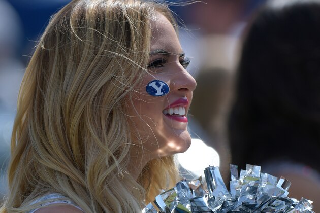 PROVO, UT - SEPTEMBER 16: A BYU Cougars cheerleader looks on during a game against the Wisconsin Badgers at LaVell Edwards Stadium on September 16, 2017 in Provo, Utah. (Photo by Gene Sweeney Jr/Getty Images) *** Local Caption ***
