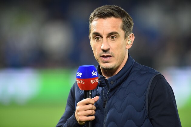 Sky Sports commentator and former footballer Gary Neville gestures before the English Premier League football match between Brighton and Hove Albion and West Ham at the American Express Community Stadium in Brighton, southern England on October 5, 2018. (Photo by Glyn KIRK / AFP) / RESTRICTED TO EDITORIAL USE. No use with unauthorized audio, video, data, fixture lists, club/league logos or 'live' services. Online in-match use limited to 120 images. An additional 40 images may be used in extra time. No video emulation. Social media in-match use limited to 120 images. An additional 40 images may be used in extra time. No use in betting publications, games or single club/league/player publications. / (Photo credit should read GLYN KIRK/AFP/Getty Images) Sky Sports commentator and former footballer Gary Neville gestures before the English Premier League football match between Brighton and Hove Albion and West Ham at the American Express Community Stadium in Brighton, southern England on October 5, 2018. (Photo by Glyn KIRK / AFP) / RESTRICTED TO EDITORIAL USE. No use with unauthorized audio, video, data, fixture lists, club/league logos or 'live' services. Online in-match use limited to 120 images. An additional 40 images may be used in extra time. No video emulation. Social media in-match use limited to 120 images. An additional 40 images may be used in extra time. No use in betting publications, games or single club/league/player publications. / (Photo credit should read GLYN KIRK/AFP/Getty Images)