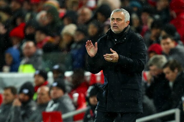 LIVERPOOL, ENGLAND - DECEMBER 16: Jose Mourinho the head coach / manager of Manchester United during the Premier League match between Liverpool FC and Manchester United at Anfield on December 16, 2018 in Liverpool, United Kingdom. (Photo by Robbie Jay Barratt - AMA/Getty Images)