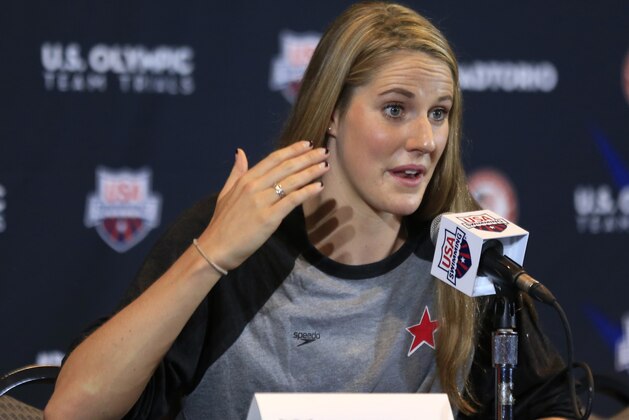 Four-time Olympic gold medalist Missy Franklin answers a reporters question during a news conference at the U.S. Olympic team swimming trials in Omaha, Neb., Saturday, June 25, 2016. (AP Photo/Orlin Wagner)
