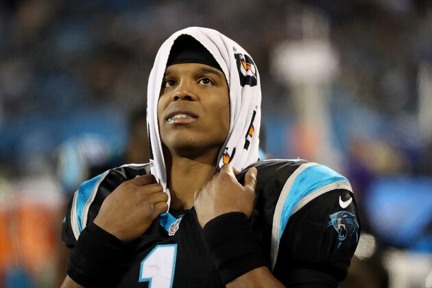 CHARLOTTE, NC - DECEMBER 17:  Cam Newton #1 of the Carolina Panthers looks on against the New Orleans Saints in the third quarter during their game at Bank of America Stadium on December 17, 2018 in Charlotte, North Carolina.  (Photo by Streeter Lecka/Getty Images)