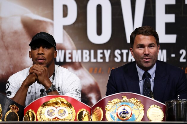 LONDON, ENGLAND - JULY 18:  Anthony Joshua (l) and promoter Eddie Hearn attend a press conference at Wembley Stadium on July 18, 2018 in London, England.  (Photo by Bryn Lennon/Getty Images)