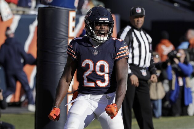 Chicago Bears running back Tarik Cohen (29) celebrates a touchdown during the first half of an NFL football game against the Green Bay Packers on Sunday, Dec. 16, 2018, in Chicago. (AP Photo/Nam Y. Huh)