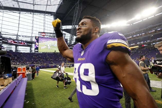 Minnesota Vikings defensive end Danielle Hunter (99) walks off the field after an NFL football game against the Detroit Lions, Sunday, Nov. 4, 2018, in Minneapolis. (AP Photo/Bruce Kluckhohn)