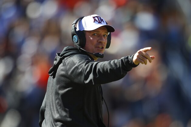 Texas A&M head coach Jimbo Fisher reacts against Auburn during the first half of an NCAA college football game, Saturday, Nov. 3, 2018, in Auburn, Ala. (AP Photo/Todd Kirkland)