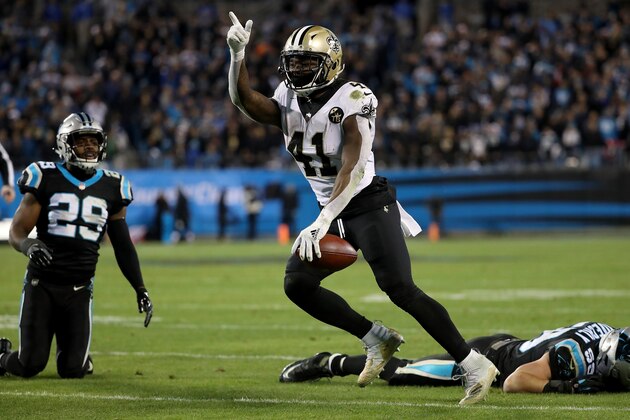 CHARLOTTE, NC - DECEMBER 17:  Alvin Kamara #41 of the New Orleans Saints reacts against the Carolina Panthers in the fourth quarter during their game at Bank of America Stadium on December 17, 2018 in Charlotte, North Carolina.  (Photo by Streeter Lecka/Getty Images)