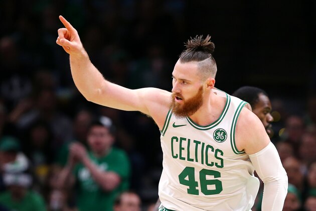 BOSTON, MA - DECEMBER 14: Aron Baynes #46 of the Boston Celtics celebrates during the first quarter against the Atlanta Hawks at TD Garden on December 14, 2018 in Boston, Massachusetts. (Photo by Maddie Meyer/Getty Images)