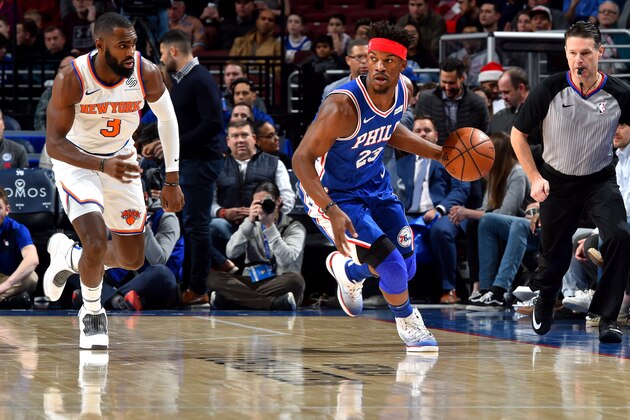 PHILADELPHIA, PA - DECEMBER 19: Jimmy Butler #23 of the Philadelphia 76ers handles the ball against the New York Knicks on December 19, 2018 at the Wells Fargo Center in Philadelphia, Pennsylvania NOTE TO USER: User expressly acknowledges and agrees that, by downloading and/or using this Photograph, user is consenting to the terms and conditions of the Getty Images License Agreement. Mandatory Copyright Notice: Copyright 2018 NBAE (Photo by Jesse D. Garrabrant/NBAE via Getty Images)