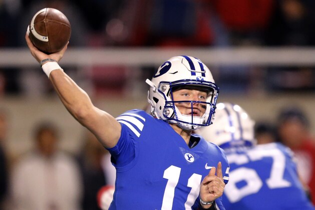 BYU quarterback Zach Wilson throws again Utah in the first half during an NCAA college football game Saturday Nov. 24, 2018, in Salt Lake City. (AP Photo/Rick Bowmer)