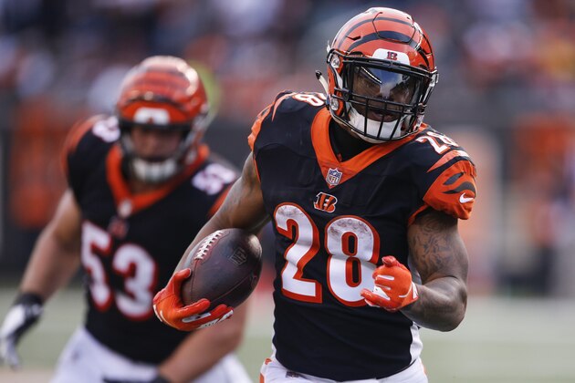 Cincinnati Bengals running back Joe Mixon (28) runs in a touchdown in the second half of an NFL football game against the Oakland Raiders, Sunday, Dec. 16, 2018, in Cincinnati. (AP Photo/Gary Landers)