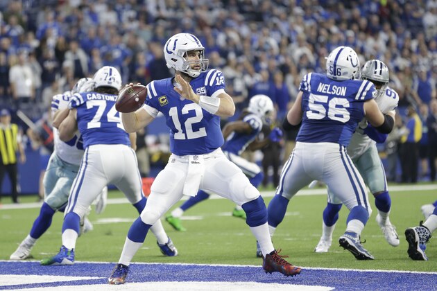 El quarterback de los Colts de Indianápolis, Andrew Luck (12), se prepara para lanzar un pase durante la primera mitad de un juego de la NFL contra los Cowboys de Dallas, el domingo 16 de diciembre de 2018, en Indianápolis. (AP Foto/AJ Mast)
