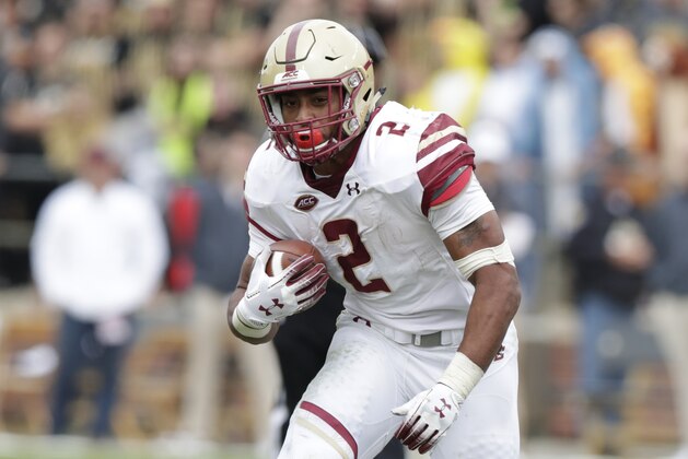 Boston College running back AJ Dillon (2) runs against Purdue during the second half of an NCAA college football game in West Lafayette, Ind., Saturday, Sept. 22, 2018. Purdue defeated Boston College 30-13. (AP Photo/Michael Conroy)