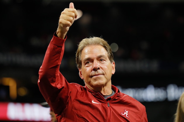ATLANTA, GA - DECEMBER 01:  Head coach Nick Saban of the Alabama Crimson Tide reacts after defeating the Georgia Bulldogs 35-28 in the 2018 SEC Championship Game at Mercedes-Benz Stadium on December 1, 2018 in Atlanta, Georgia.  (Photo by Kevin C. Cox/Getty Images)