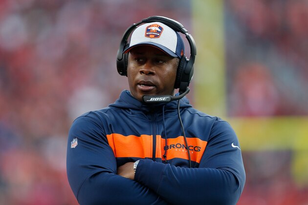 SANTA CLARA, CA - DECEMBER 09: Head coach Vance Joseph of the Denver Broncos looks on from the sideline during the game against the San Francisco 49ers at Levi's Stadium on December 9, 2018 in Santa Clara, California. (Photo by Lachlan Cunningham/Getty Images)