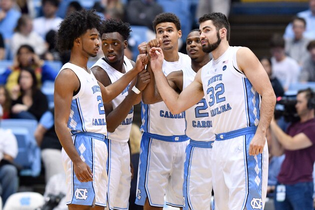 CHAPEL HILL, NC - NOVEMBER 02:  (L-R) Coby White #2, Nassir Little #5, Cameron Johnson #13, Kenny Williams #24 and Luke Maye #32 of the North Carolina Tar Heels during their game against the Mount Olive Trojans at the Dean Smith Center on November 2, 2018 in Chapel Hill, North Carolina.  (Photo by Grant Halverson/Getty Images)