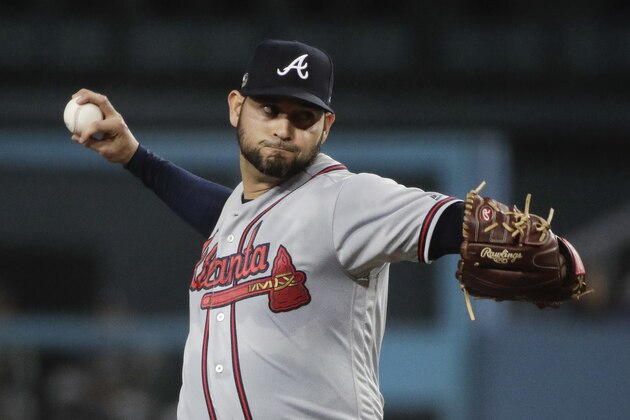 Atlanta Braves starting pitcher Anibal Sanchez throws to a Los Angeles Dodgers batter during the first inning of Game 2 of a baseball National League Division Series on Friday, Oct. 5, 2018, in Los Angeles. (AP Photo/Jae C. Hong)