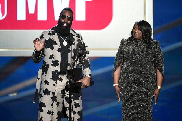 SANTA MONICA, CA - JUNE 25:  MVP winner James Harden and Monja Willis speak onstage at the 2018 NBA Awards at Barkar Hangar on June 25, 2018 in Santa Monica, California.  (Photo by Kevin Winter/Getty Images for Turner Sports)
