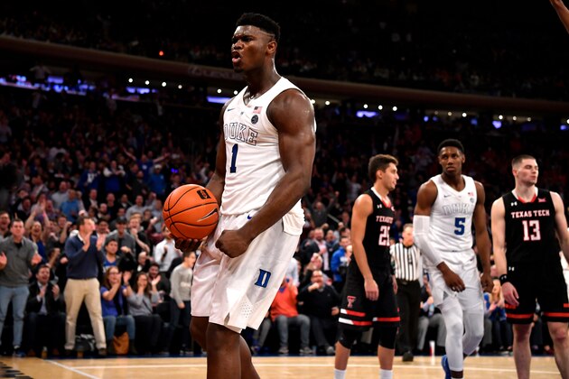 NEW YORK, NY - DECEMBER 20: Zion Williamson #1 of the Duke Blue Devils reacts against the Texas Tech Red Raiders in the second half at Madison Square Garden on December 20, 2018 in New York City. (Photo by Lance King/Getty Images)