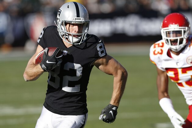 Oakland Raiders wide receiver Jordy Nelson (82) runs against the Kansas City Chiefs during the first half of an NFL football game in Oakland, Calif., Sunday, Dec. 2, 2018. (AP Photo/D. Ross Cameron)