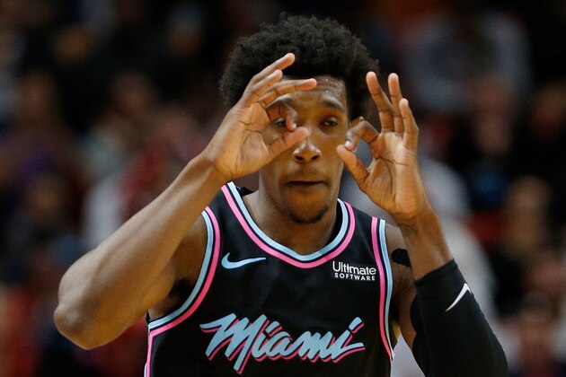 MIAMI, FL - DECEMBER 20:  Josh Richardson #0 of the Miami Heat reacts against the Houston Rockets during the first half at American Airlines Arena on December 20, 2018 in Miami, Florida. NOTE TO USER: User expressly acknowledges and agrees that, by downloading and or using this photograph, User is consenting to the terms and conditions of the Getty Images License Agreement.  (Photo by Michael Reaves/Getty Images)