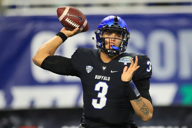 DETROIT, MICHIGAN - NOVEMBER 30: Tyree Jackson #3 of the Buffalo Bulls throws a first half pass while playing the Northern Illinois Huskies during the MAC Championship at Ford Field on November 30, 2018 in Detroit, Michigan. (Photo by Gregory Shamus/Getty Images)