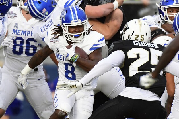 ORLANDO, FLORIDA - DECEMBER 01: Darrell Henderson #8 of the Memphis Tigers scores a touchdown during the first quarter of the American Athletic Championship against the UCF Knights during the first  at Spectrum Stadium on December 01, 2018 in Orlando, Florida. (Photo by Julio Aguilar/Getty Images)