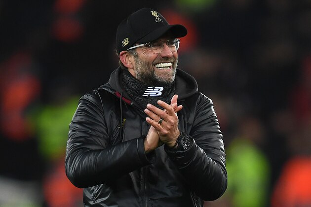 Liverpool's German manager Jurgen Klopp reacts after the UEFA Champions League group C football match between Liverpool and Napoli at Anfield stadium in Liverpool, north west England on December 11, 2018. - Liverpool won the match 1-0. (Photo by Paul ELLIS / AFP)        (Photo credit should read PAUL ELLIS/AFP/Getty Images)