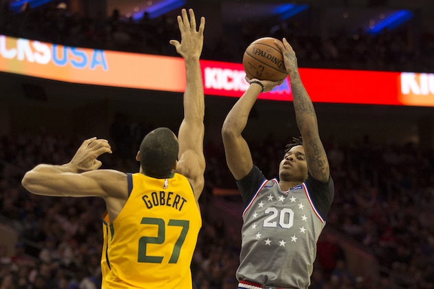 PHILADELPHIA, PA - NOVEMBER 16: Markelle Fultz #20 of the Philadelphia 76ers shoots the ball against Rudy Gobert #27 of the Utah Jazz in the third quarter at the Wells Fargo Center on November 16, 2018 in Philadelphia, Pennsylvania. The 76ers defeated the Jazz 113-107. NOTE TO USER: User expressly acknowledges and agrees that, by downloading and or using this photograph, User is consenting to the terms and conditions of the Getty Images License Agreement. (Photo by Mitchell Leff/Getty Images)
