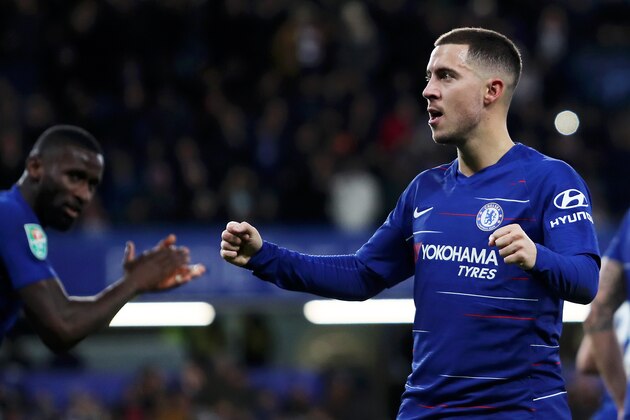 LONDON, ENGLAND - DECEMBER 19:  Eden Hazard of Chelsea celebrates after scoring his team's first goal during the Carabao Cup Quarter Final match between Chelsea and AFC Bournemouth at Stamford Bridge on December 19, 2018 in London, United Kingdom.  (Photo by Christopher Lee/Getty Images)