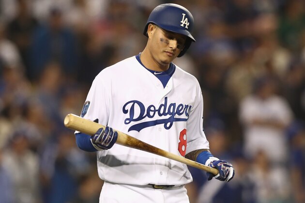 LOS ANGELES, CA - OCTOBER 26:  Manny Machado #8 of the Los Angeles Dodgers reacts after flying out during the thirteenth inning against the Boston Red Sox in Game Three of the 2018 World Series at Dodger Stadium on October 26, 2018 in Los Angeles, California.  (Photo by Ezra Shaw/Getty Images)