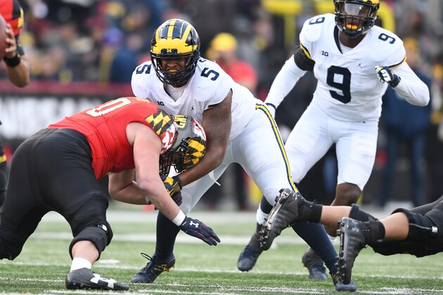COLLEGE PARK, MD - NOVEMBER 11:  Aubrey Solomon #5 of the Michigan Wolverines blocks during a college football game against the Maryland Terrapins at Capitol One Field on November 11, 2017 in College Park, Maryland.  The Wolverines won 84-75.  (Photo by Mitchell Layton/Getty Images)