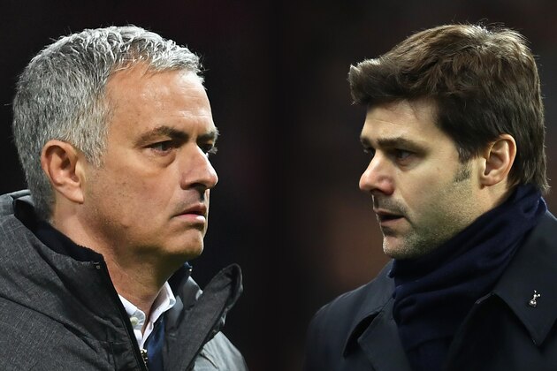 FILE PHOTO (EDITORS NOTE: GRADIENT ADDED - COMPOSITE OF TWO IMAGES - Image numbers (L) 670853046 and 632296086) In this composite image a comparision has been made between Jose Mourinho manager of Manchester United (L) and Mauricio Pochettino, Manager of Tottenham Hotspur. Manchester United and Tottenham Hotspur meet in a Premier League match on October 28, 2017 at Old Trafford in Manchester.  ****LEFT IMAGE*** MANCHESTER, ENGLAND - APRIL 20: Jose Mourinho manager of Manchester United looks on after the UEFA Europa League quarter final second leg match between Manchester United and RSC Anderlecht at Old Trafford on April 20, 2017 in Manchester, United Kingdom. Manchester United reach the semi-finals 3-2 on aggregate. (Photo by Laurence Griffiths/Getty Images) ***RIGHT IMAGE*** MANCHESTER, ENGLAND - JANUARY 21: Mauricio Pochettino, Manager of Tottenham Hotspur looks on during the Premier League match between Manchester City and Tottenham Hotspur at the Etihad Stadium on January 21, 2017 in Manchester, England.
