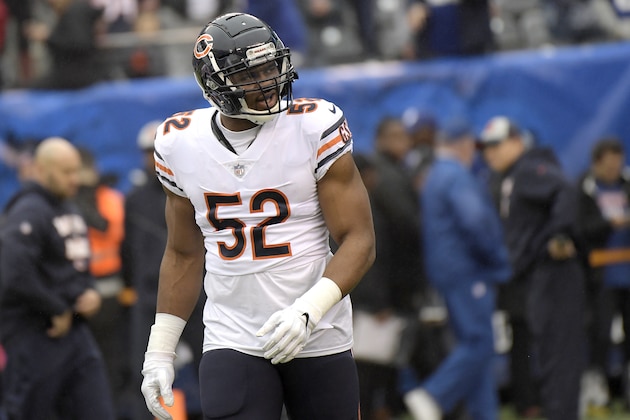 Chicago Bears outside linebacker Khalil Mack works out prior to an NFL football game against the New York Giants, Sunday, Dec. 2, 2018, in East Rutherford, N.J. (AP Photo/Bill Kostroun)