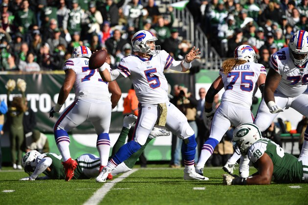EAST RUTHERFORD, NJ - NOVEMBER 11:  Matt Barkley #5 of the Buffalo Bills in action against the New York Jets at MetLife Stadium on November 11, 2018 in East Rutherford, New Jersey. (Photo by Mark Brown/Getty Images)