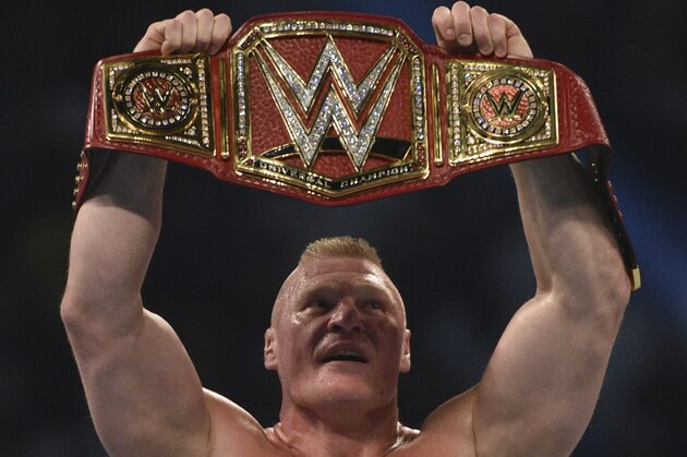 Brock Lesnar celebrates after winning the WWE Universal Championship match as part of as part of the World Wrestling Entertainment (WWE) Crown Jewel pay-per-view at the King Saud University Stadium in Riyadh on November 2, 2018. (Photo by Fayez Nureldine / AFP)        (Photo credit should read FAYEZ NURELDINE/AFP/Getty Images)