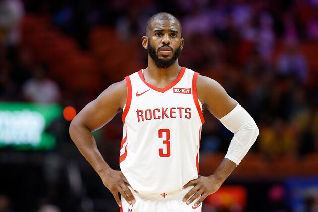 MIAMI, FL - DECEMBER 20:  Chris Paul #3 of the Houston Rockets looks on against the Miami Heat at American Airlines Arena on December 20, 2018 in Miami, Florida. NOTE TO USER: User expressly acknowledges and agrees that, by downloading and or using this photograph, User is consenting to the terms and conditions of the Getty Images License Agreement.  (Photo by Michael Reaves/Getty Images)