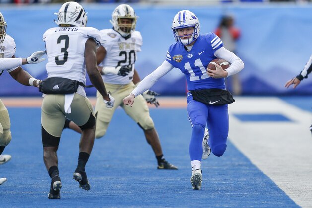 BYU quarterback Zach Wilson (11) runs down the sideline against Western Michigan in the first half of the Famous Idaho Potato Bowl NCAA college football game, Friday, Dec. 21, 2018, in Boise, Idaho. (AP Photo/Steve Conner)